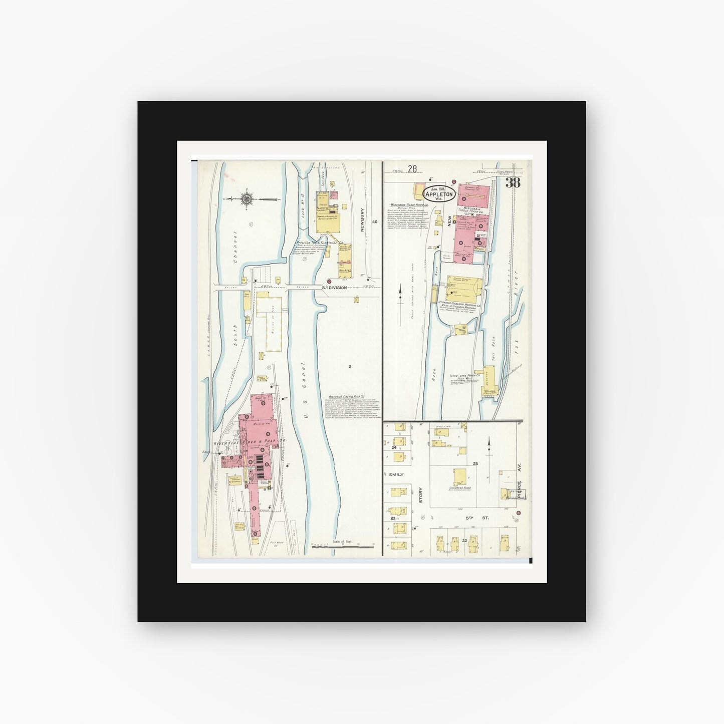 Old map wall art mockup — black gallery frame with white mat — Sanborn Fire Insurance Map from Appleton, Outagamie County, Wisconsin (1911), Sheet #0038