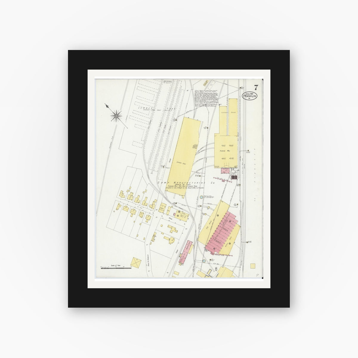 Old map wall art mockup — black gallery frame with white mat — Sanborn Fire Insurance Map from Franklin, Independent Cities, Virginia (1907), Sheet #0007