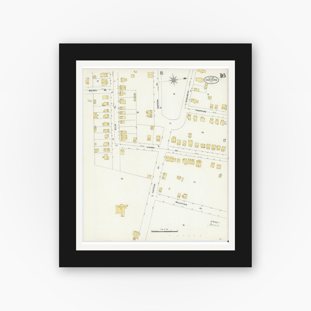 Old map wall art mockup — black gallery frame with white mat — Sanborn Fire Insurance Map from Ossining, Westchester County, New York (1903), Sheet #0016