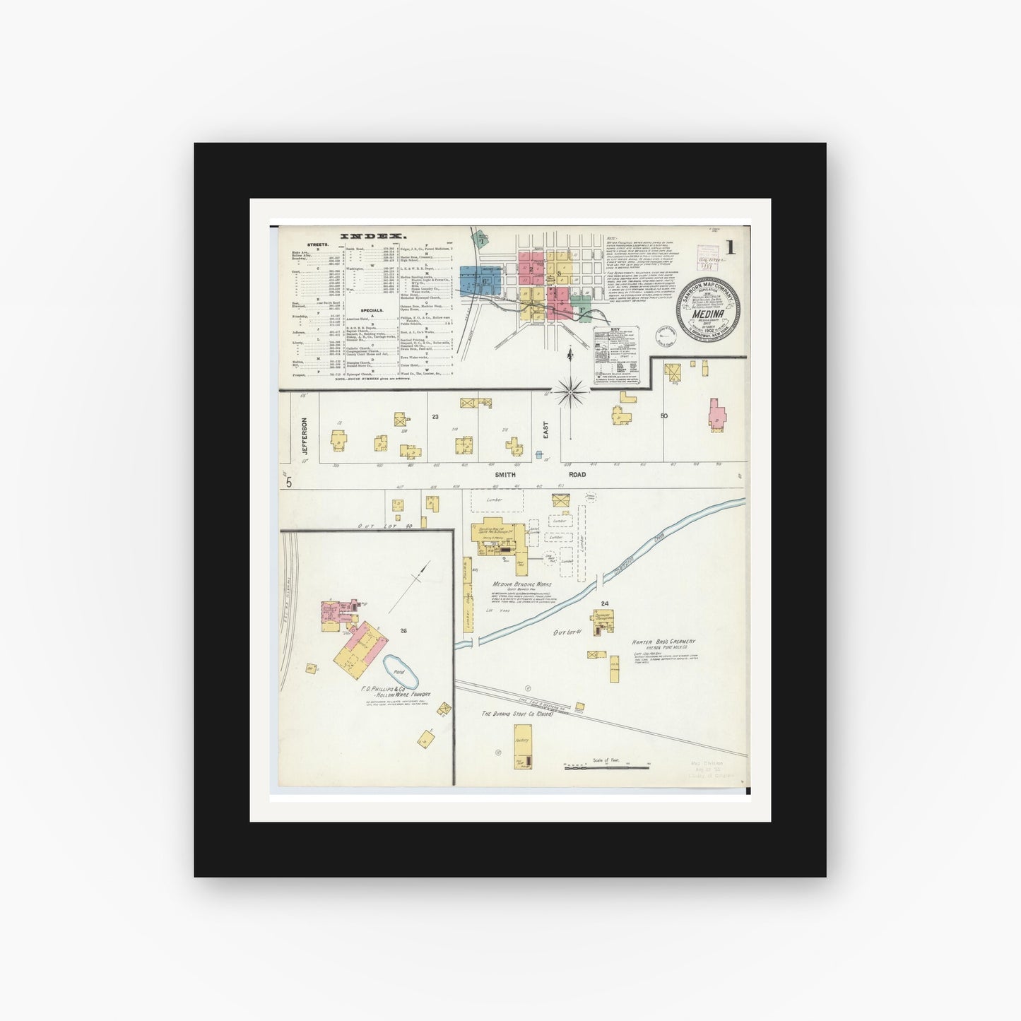 Old map wall art mockup — black gallery frame with white mat — Sanborn Fire Insurance Map from Medina, Medina County, Ohio (1902), Sheet #0001
