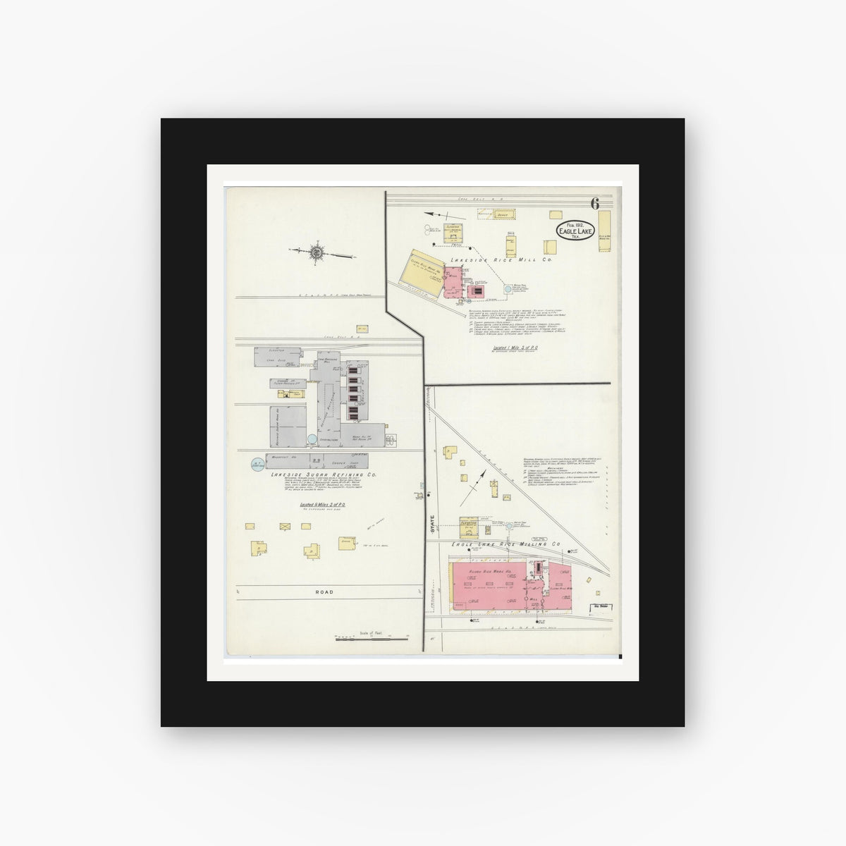 Old map wall art mockup — black gallery frame with white mat — Sanborn Fire Insurance Map from Eagle Lake, Colorado County, Texas (1912), Sheet #0006