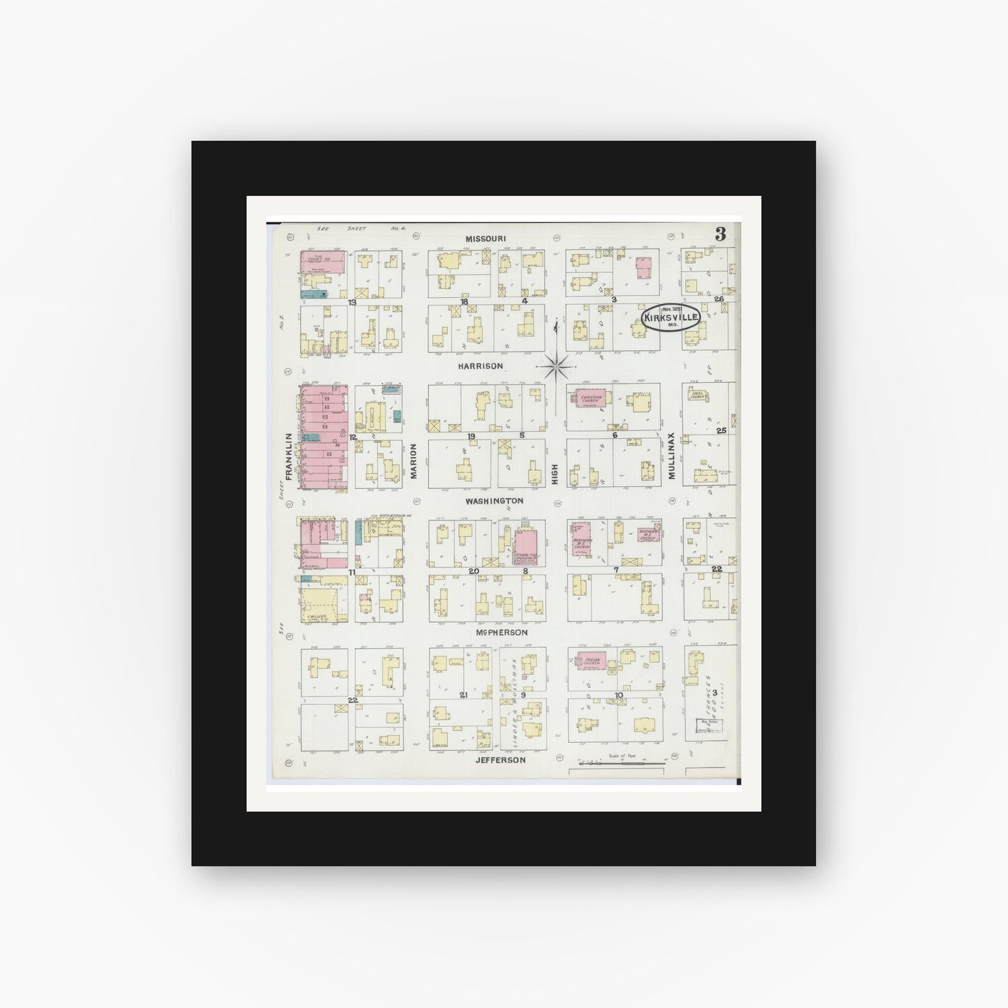 Old map wall art mockup — black gallery frame with white mat — Sanborn Fire Insurance Map from Kirksville, Adair County, Missouri (1891), Sheet #0003