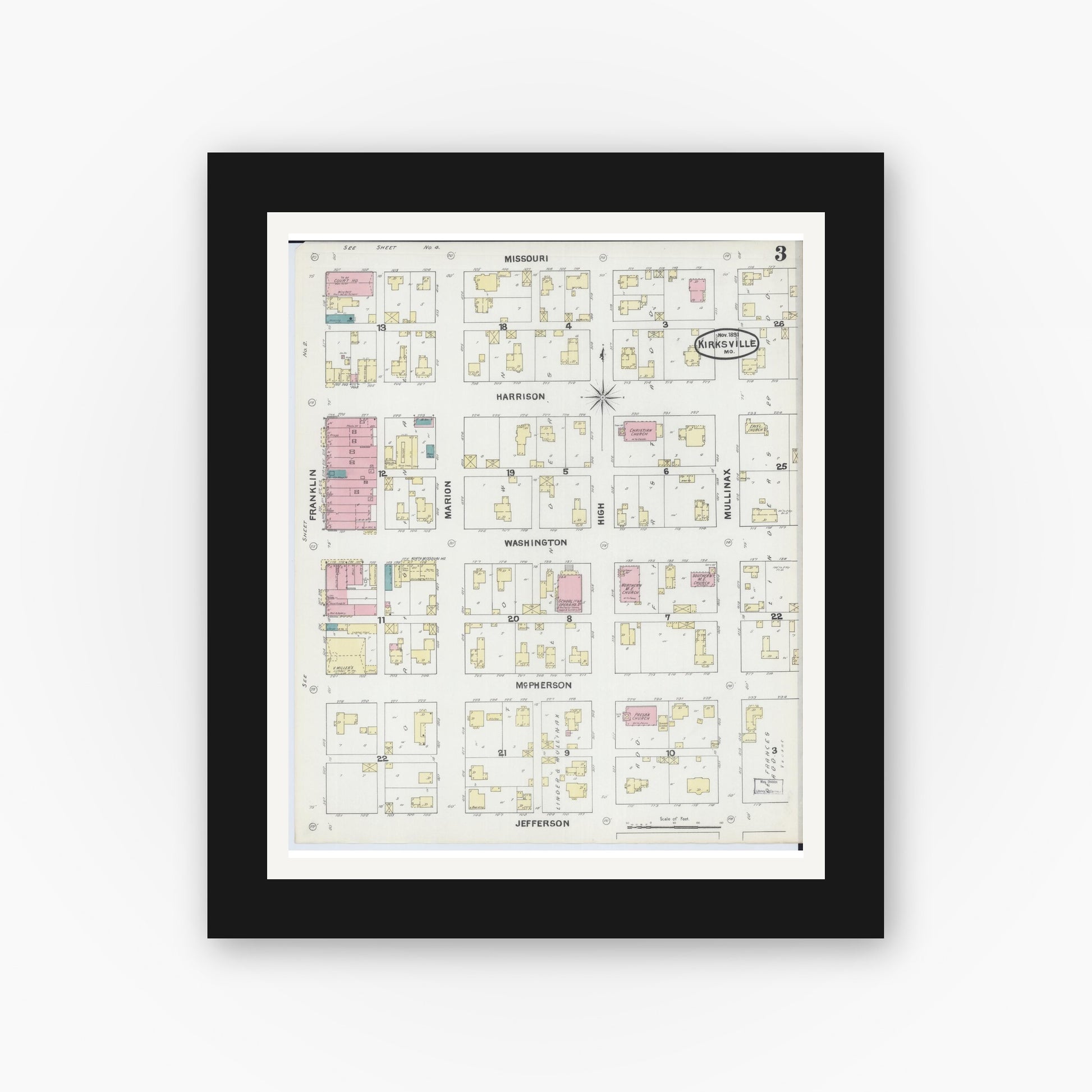 Old map wall art mockup — black gallery frame with white mat — Sanborn Fire Insurance Map from Kirksville, Adair County, Missouri (1891), Sheet #0003