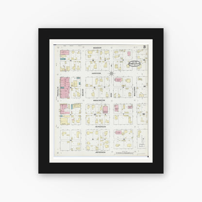 Old map wall art mockup — black gallery frame with white mat — Sanborn Fire Insurance Map from Kirksville, Adair County, Missouri (1891), Sheet #0003
