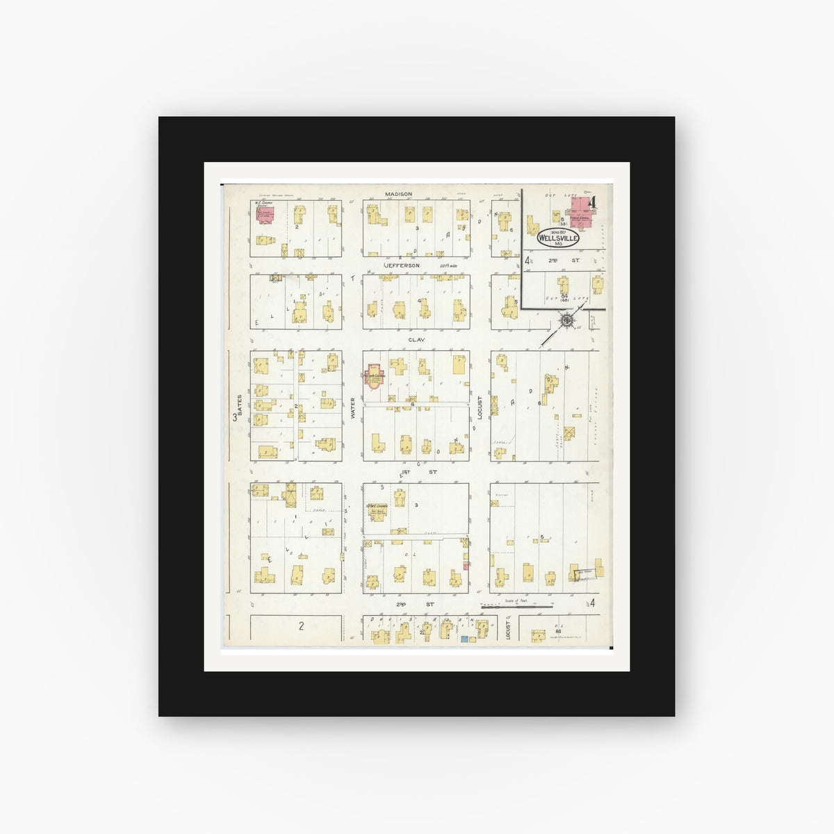 Old map wall art mockup — black gallery frame with white mat — Sanborn Fire Insurance Map from Wellsville, Montgomery County, Missouri (1917), Sheet #0004