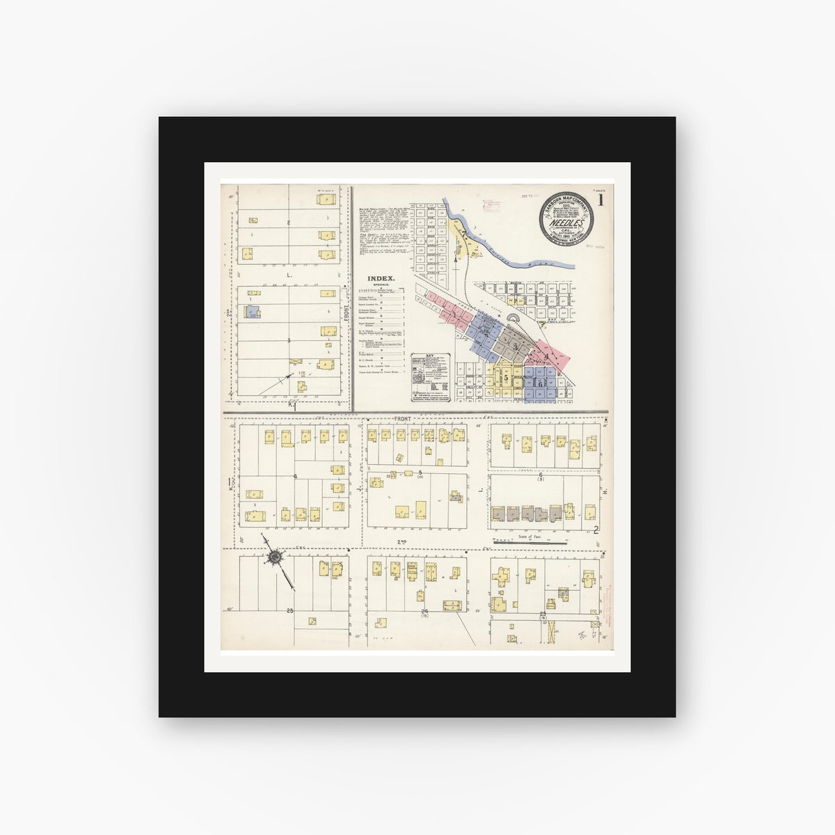 Old map wall art mockup — black gallery frame with white mat — Sanborn Fire Insurance Map from Needles, San Bernardino County, California (1910) - Complete Map Set