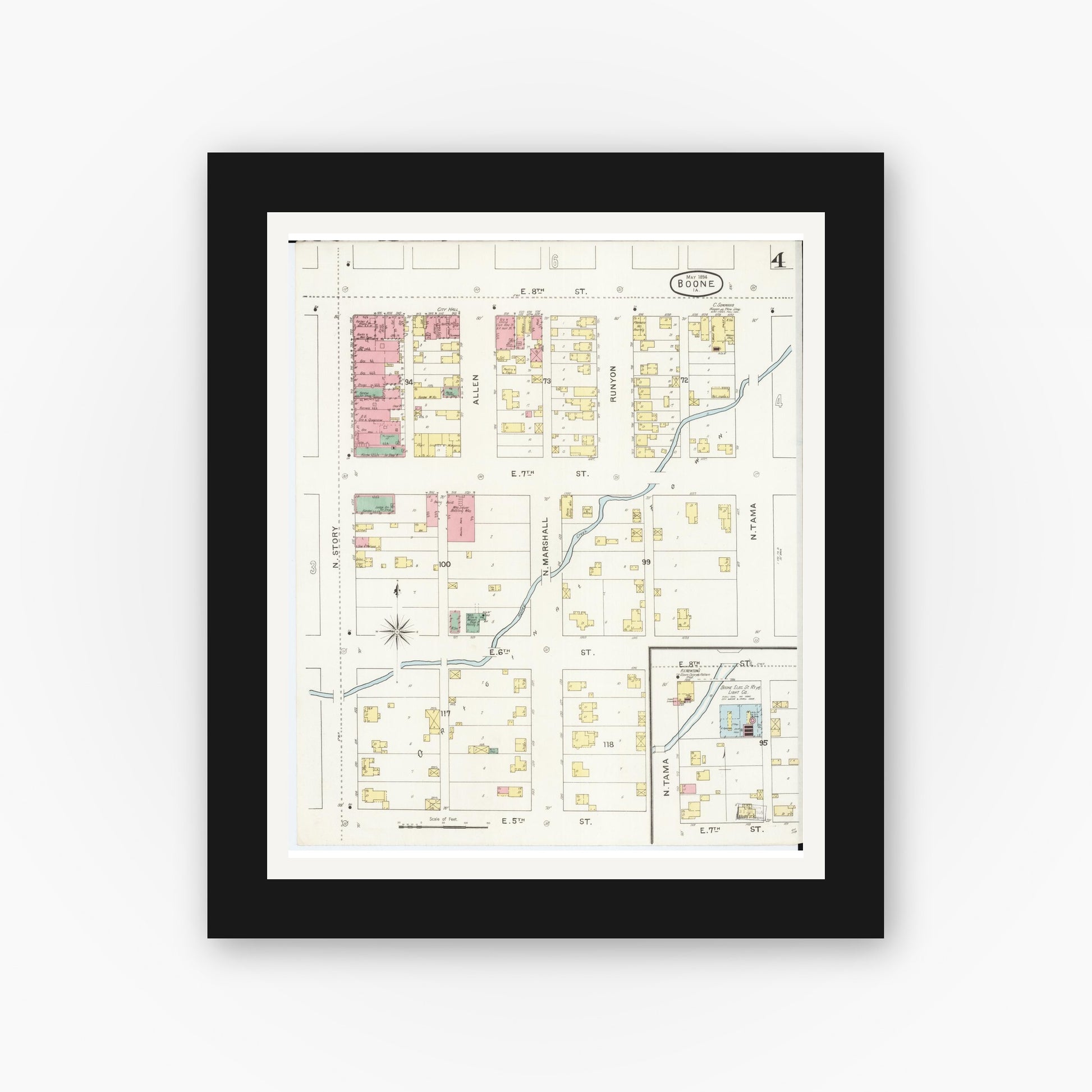 Old map wall art mockup — black gallery frame with white mat — Sanborn Fire Insurance Map from Boone, Boone County, Iowa (1894), Sheet #0004