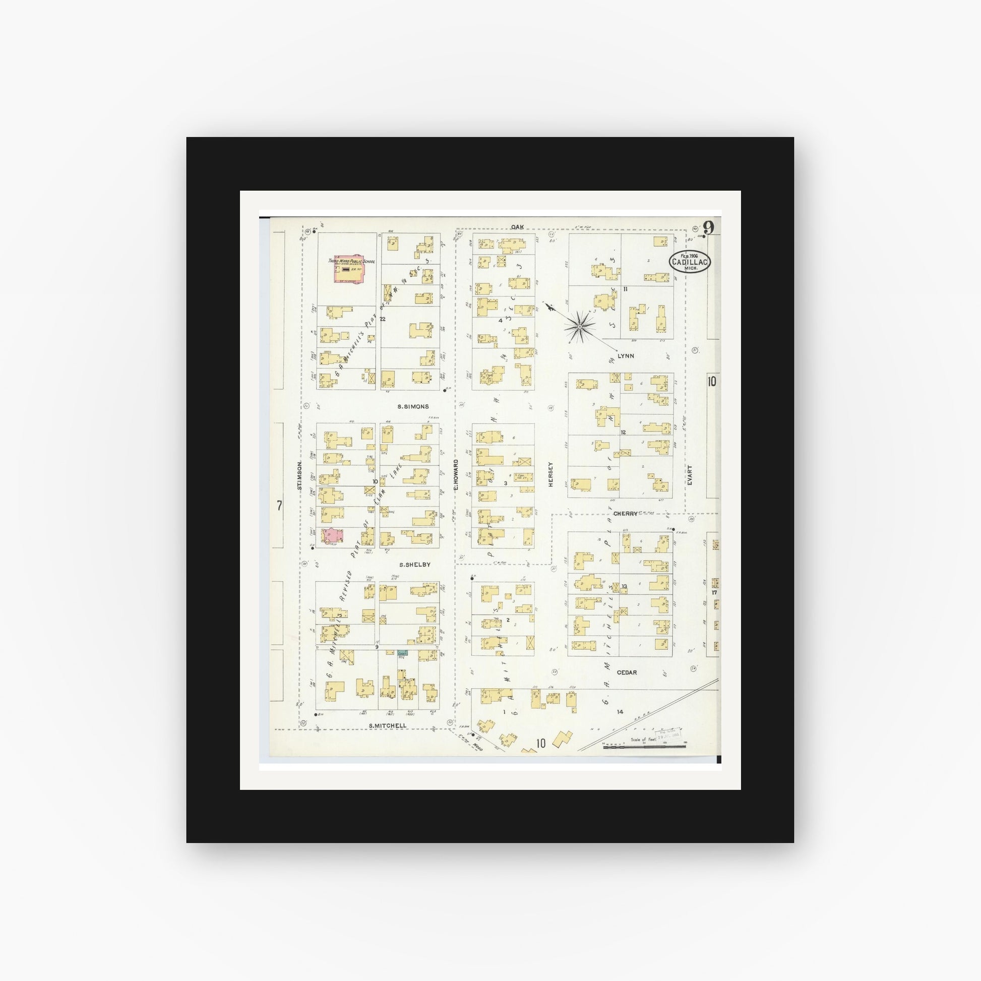 Old map wall art mockup — black gallery frame with white mat — Sanborn Fire Insurance Map from Cadillac, Wexford County, Michigan (1906), Sheet #0009