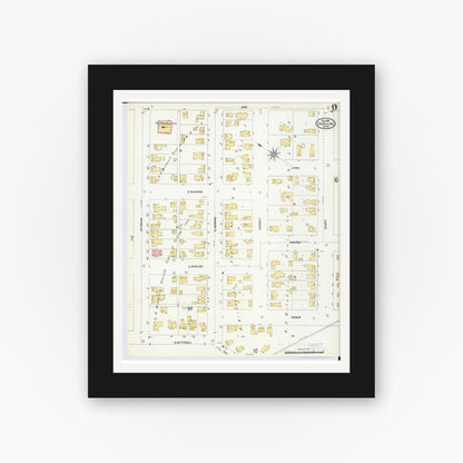Old map wall art mockup — black gallery frame with white mat — Sanborn Fire Insurance Map from Cadillac, Wexford County, Michigan (1906), Sheet #0009