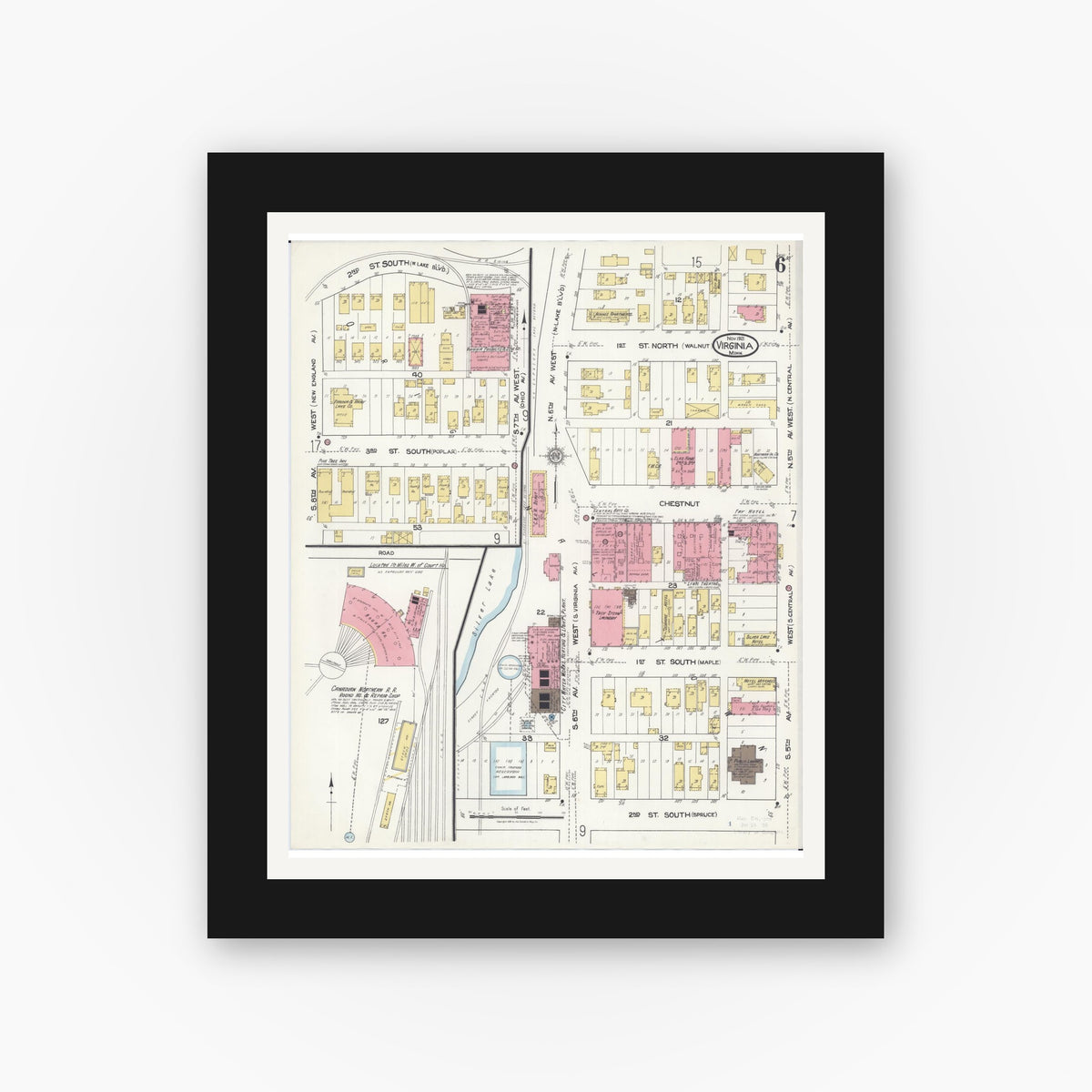 Old map wall art mockup — black gallery frame with white mat — Sanborn Fire Insurance Map from Virginia, Saint Louis County, Minnesota (1921), Sheet #0006