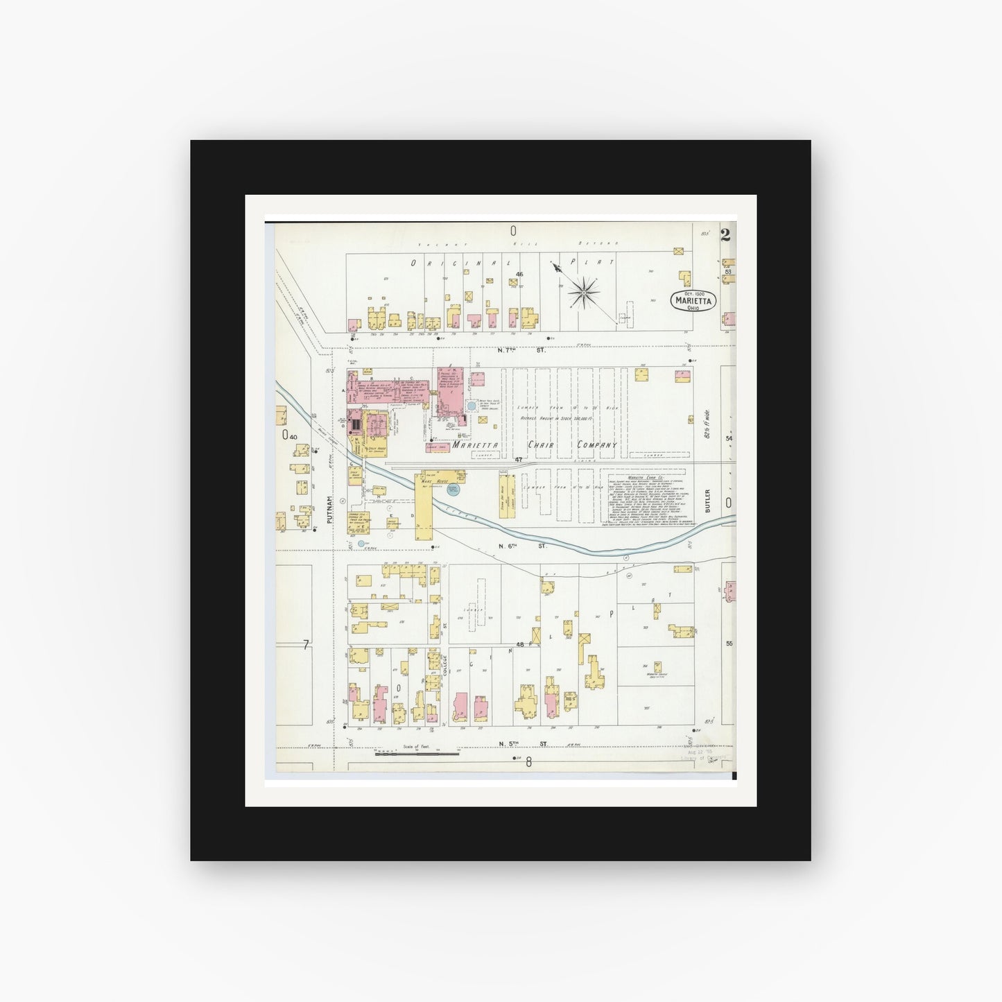 Old map wall art mockup — black gallery frame with white mat — Sanborn Fire Insurance Map from Marietta, Washington County, Ohio (1900), Sheet #0002