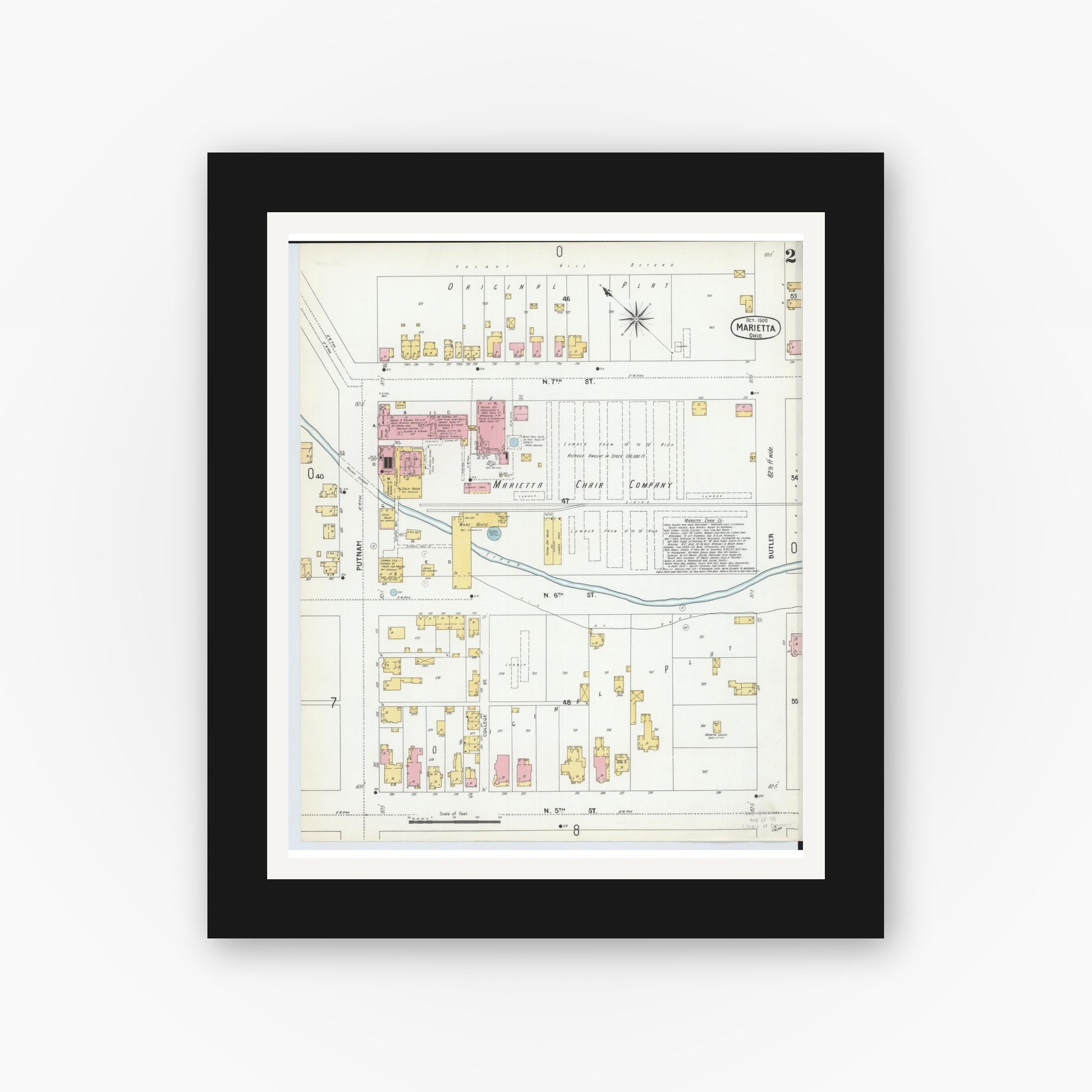 Old map wall art mockup — black gallery frame with white mat — Sanborn Fire Insurance Map from Marietta, Washington County, Ohio (1900), Sheet #0002