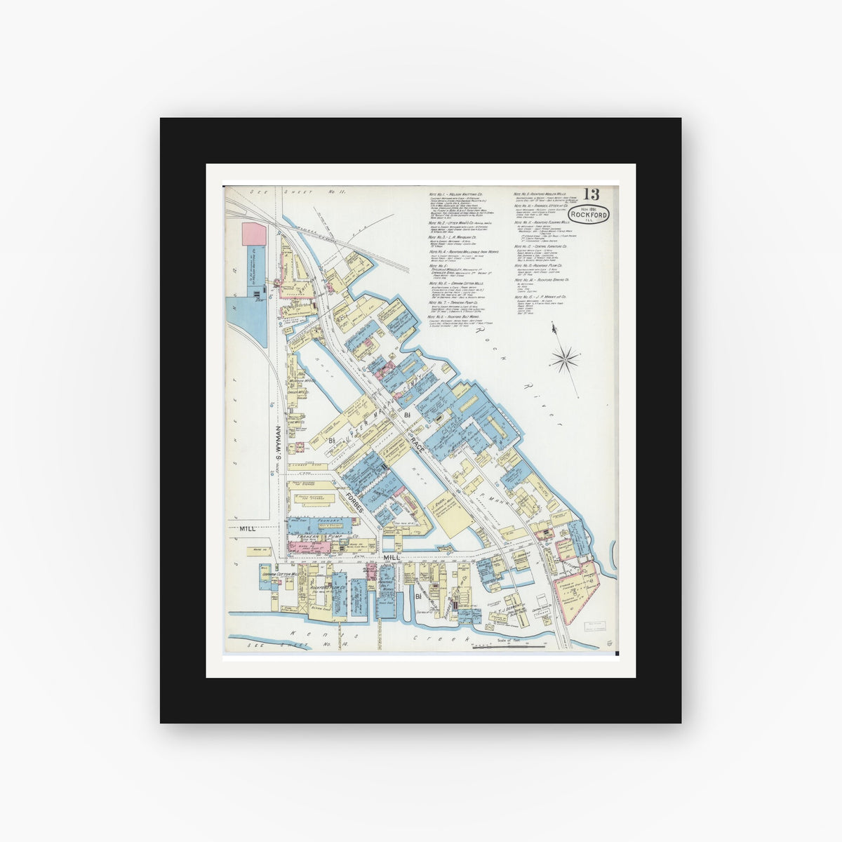 Old map wall art mockup — black gallery frame with white mat — Sanborn Fire Insurance Map from Rockford, Winnebago County, Illinois (1891), Sheet #0013
