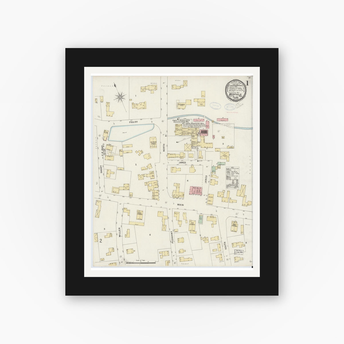 Old map wall art mockup — black gallery frame with white mat — Sanborn Fire Insurance Map from Medfield, Norfolk County, Massachusetts (1898), Sheet #0001