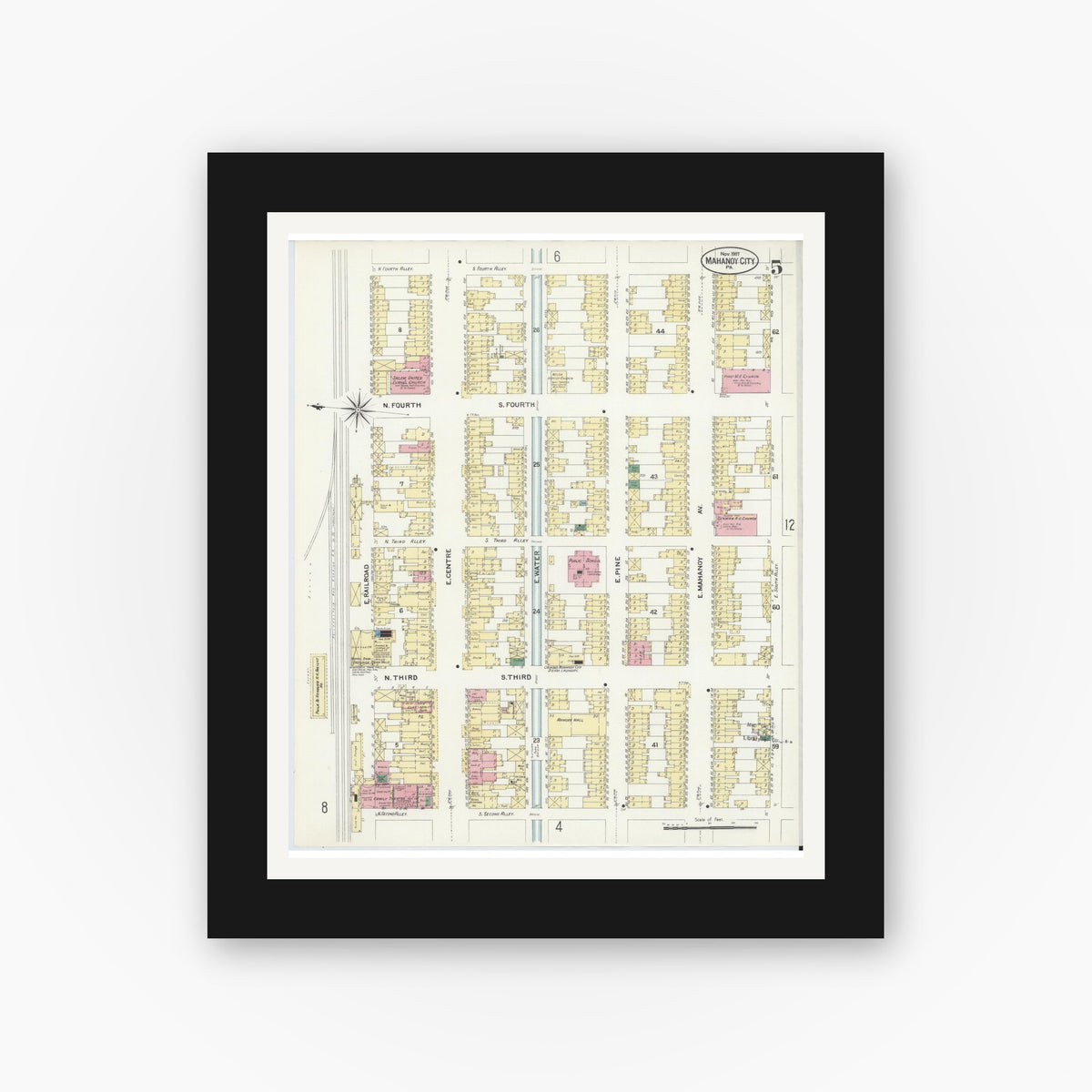 Old map wall art mockup — black gallery frame with white mat — Sanborn Fire Insurance Map from Mahanoy City, Schuylkill County, Pennsylvania (1907), Sheet #0005