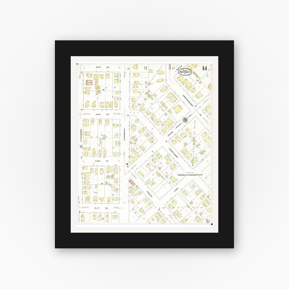 Old map wall art mockup — black gallery frame with white mat — Sanborn Fire Insurance Map from Waterloo, Black Hawk County, Iowa (1910), Sheet #0014