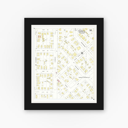 Old map wall art mockup — black gallery frame with white mat — Sanborn Fire Insurance Map from Waterloo, Black Hawk County, Iowa (1910), Sheet #0014