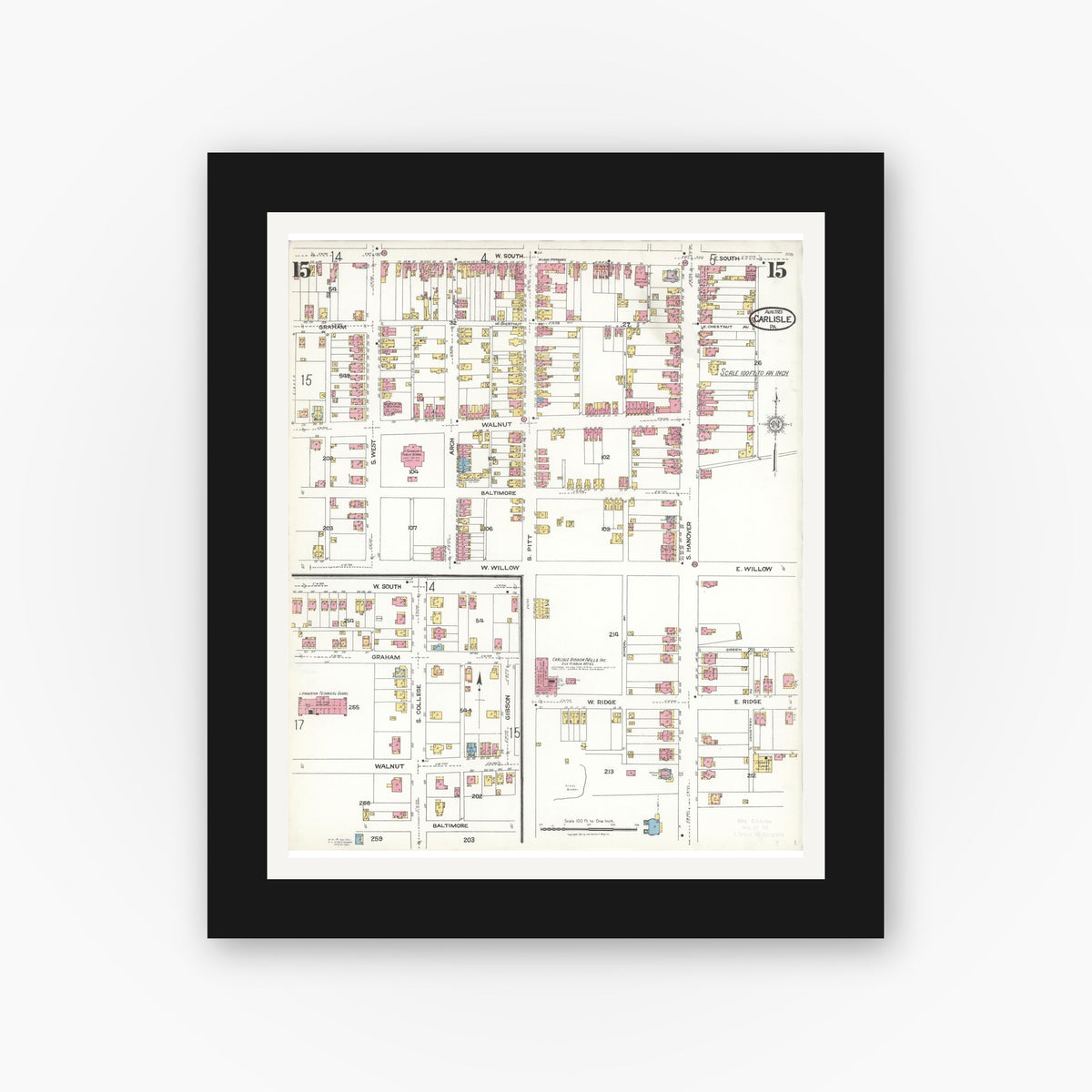 Old map wall art mockup — black gallery frame with white mat — Sanborn Fire Insurance Map from Carlisle, Cumberland County, Pennsylvania (1923), Sheet #0015
