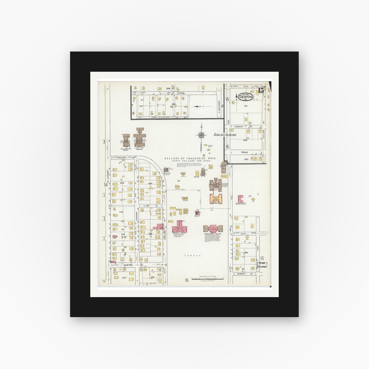 Old map wall art mockup — black gallery frame with white mat — Sanborn Fire Insurance Map from Denton, Denton County, Texas (1921), Sheet #0015