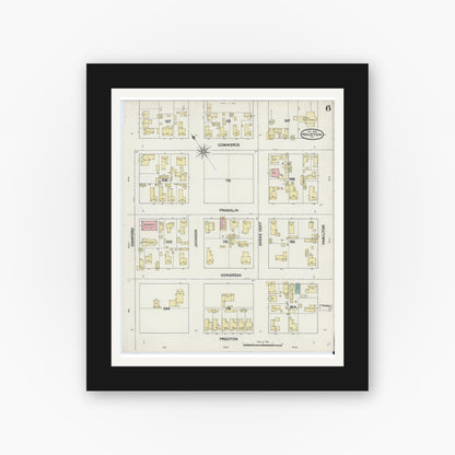 Old map wall art mockup — black gallery frame with white mat — Sanborn Fire Insurance Map from Houston, Harris County, Texas (1890), Sheet #0006