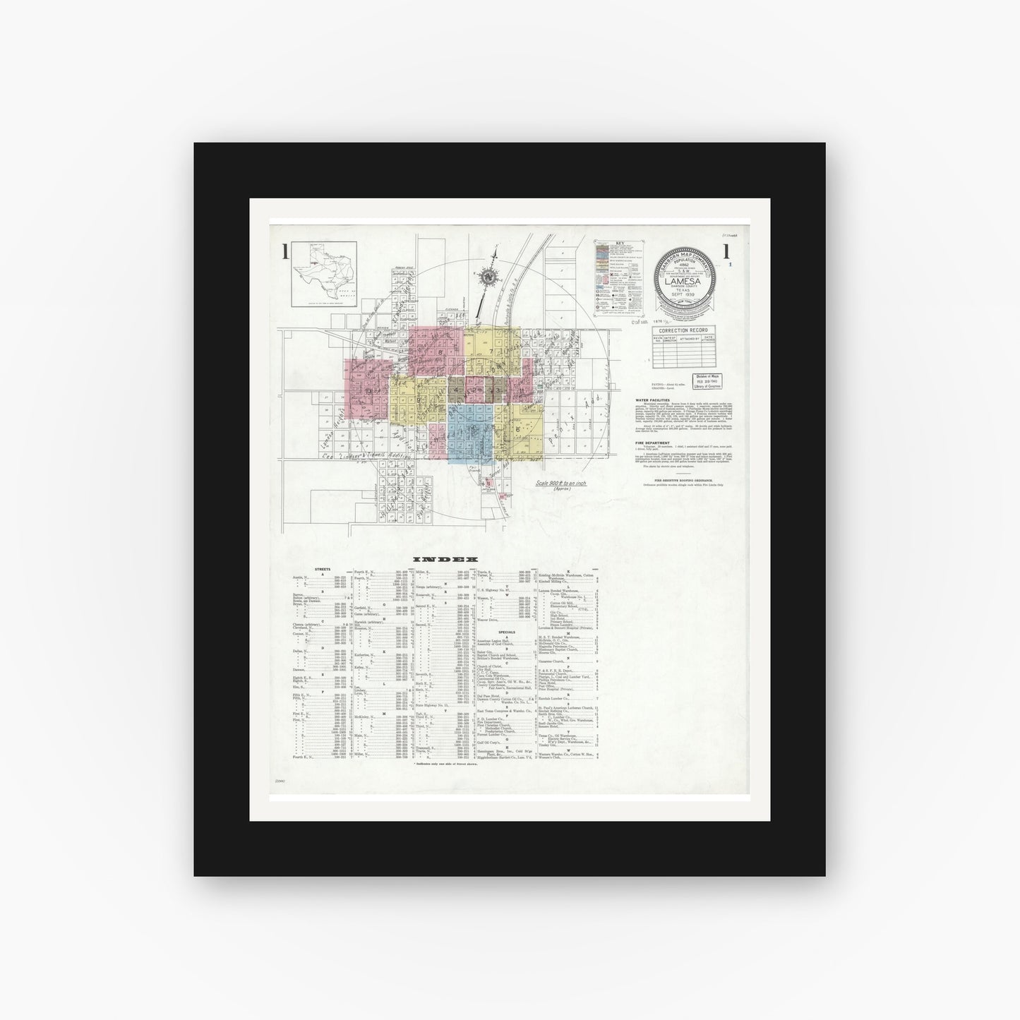 Old map wall art mockup — black gallery frame with white mat — Sanborn Fire Insurance Map from Lamesa, Dawson County, Texas (1939), Sheet #0001
