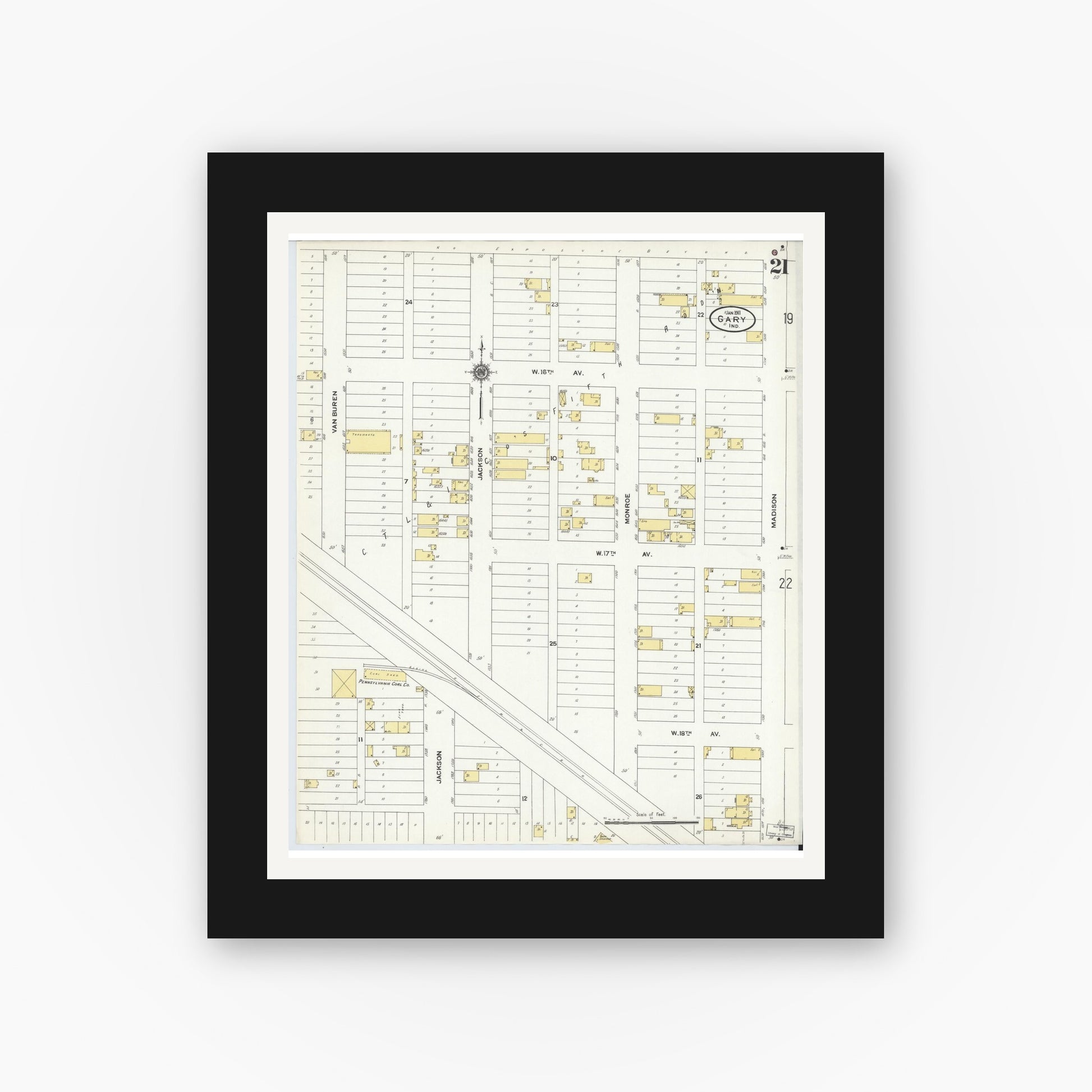 Old map wall art mockup — black gallery frame with white mat — Sanborn Fire Insurance Map from Gary, Lake County, Indiana (1911), Sheet #0021