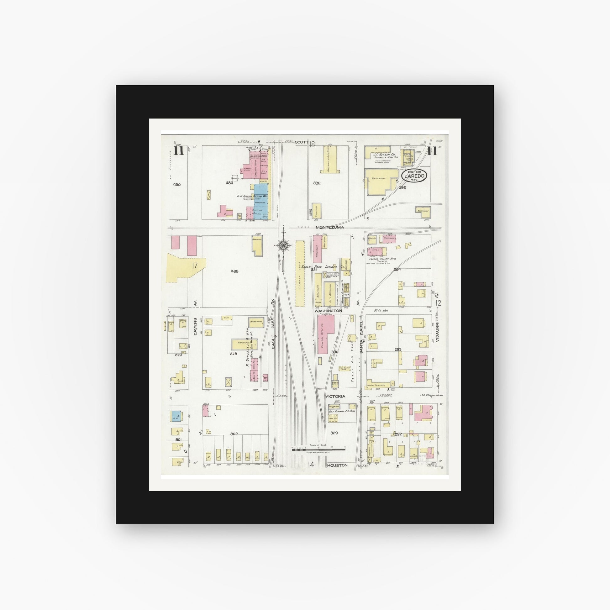 Old map wall art mockup — black gallery frame with white mat — Sanborn Fire Insurance Map from Laredo, Webb County, Texas (1925), Sheet #0011