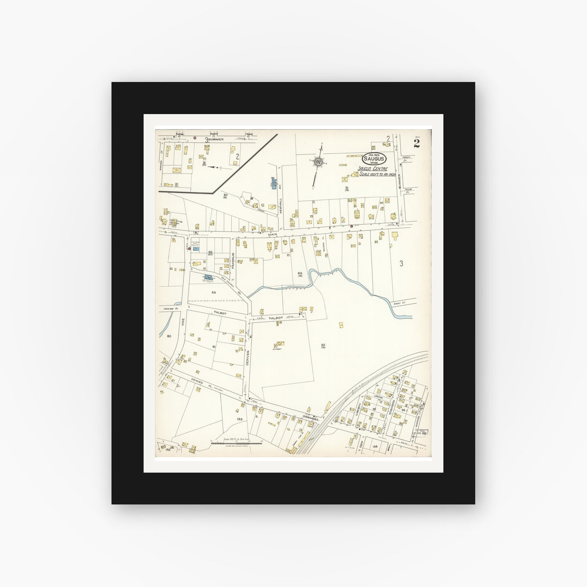 Old map wall art mockup — black gallery frame with white mat — Sanborn Fire Insurance Map from Saugus, Essex County, Massachusetts (1922), Sheet #0002