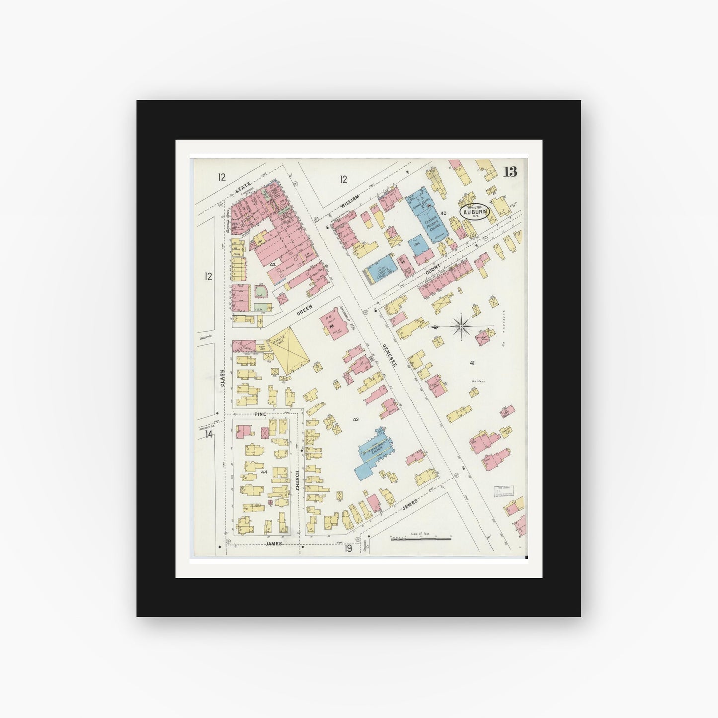 Old map wall art mockup — black gallery frame with white mat — Sanborn Fire Insurance Map from Auburn, Cayuga County, New York (1898), Sheet #0013