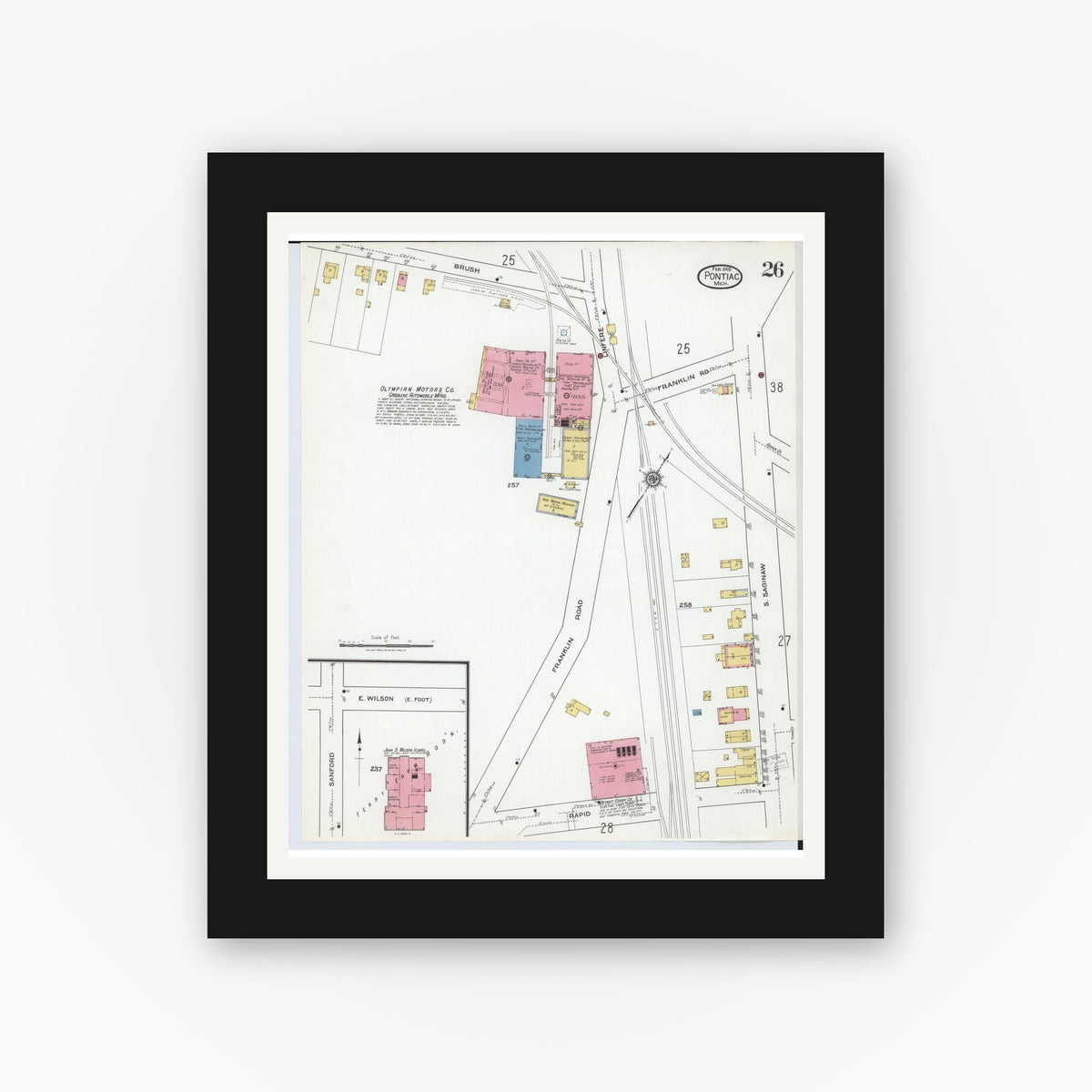 Old map wall art mockup — black gallery frame with white mat — Sanborn Fire Insurance Map from Pontiac, Oakland County, Michigan (1919), Sheet #0026