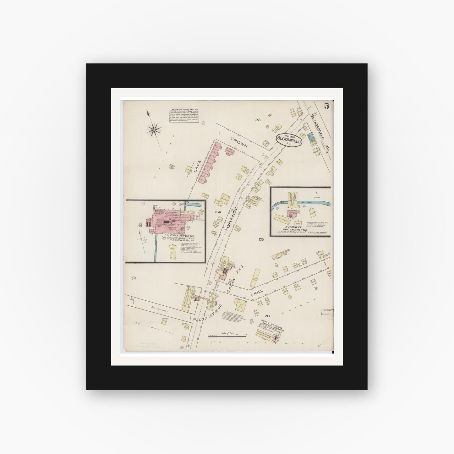 Old map wall art mockup — black gallery frame with white mat — Sanborn Fire Insurance Map from Bloomfield, Essex County, New Jersey (1885), Sheet #0005