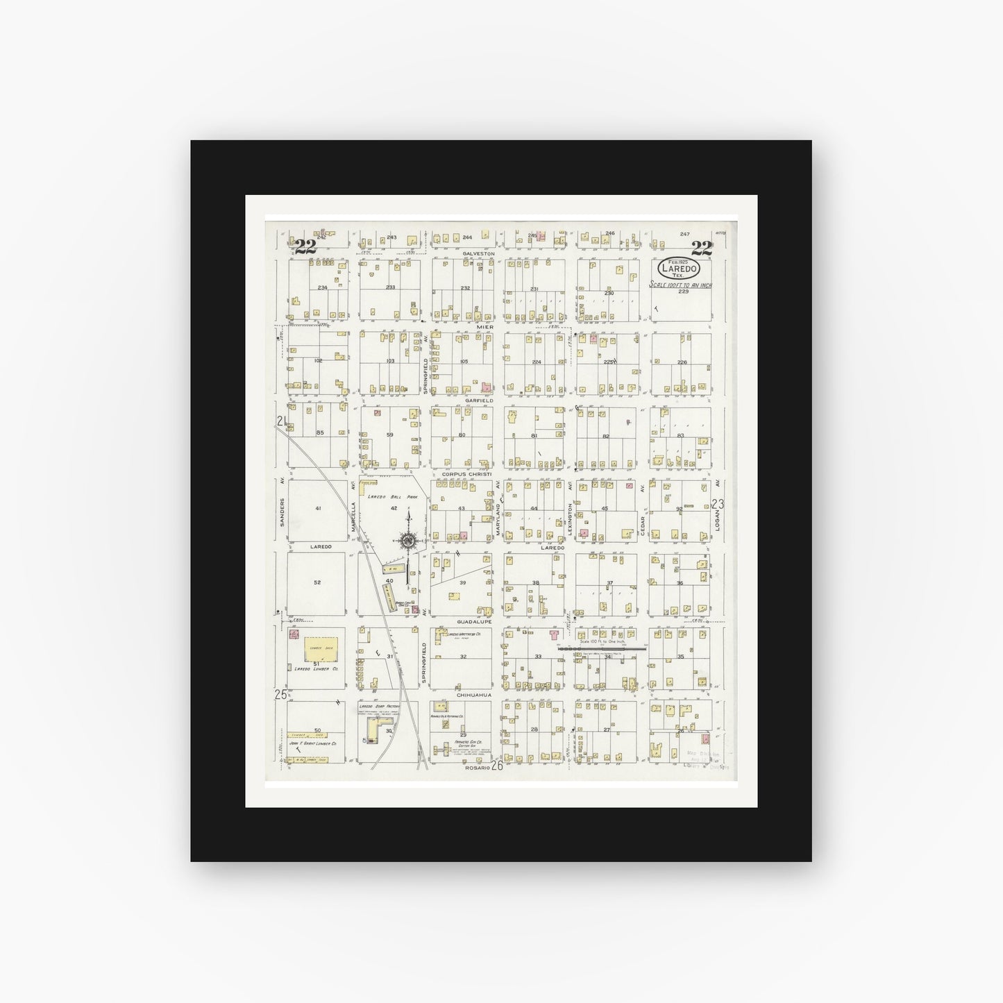 Old map wall art mockup — black gallery frame with white mat — Sanborn Fire Insurance Map from Laredo, Webb County, Texas (1925), Sheet #0022