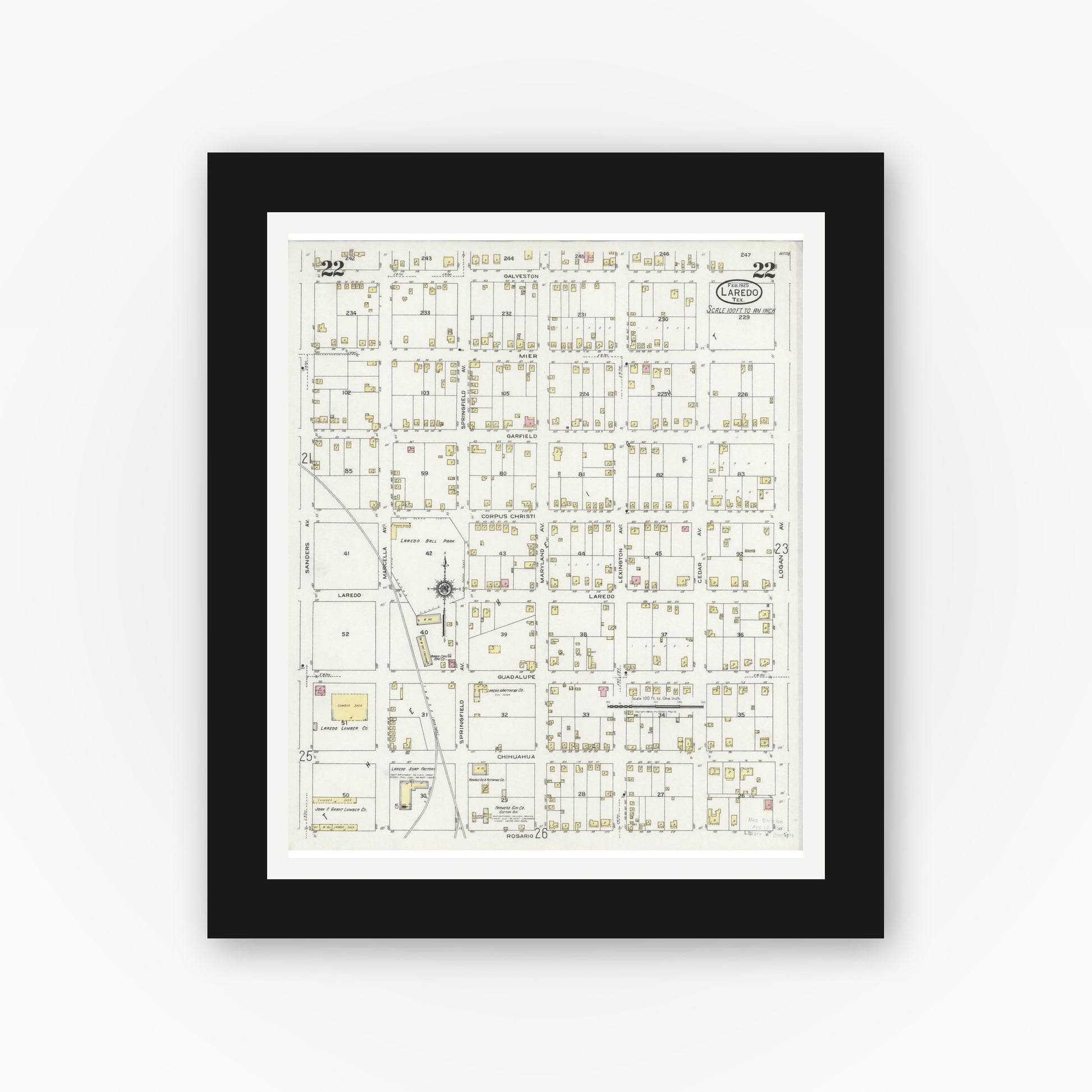 Old map wall art mockup — black gallery frame with white mat — Sanborn Fire Insurance Map from Laredo, Webb County, Texas (1925), Sheet #0022