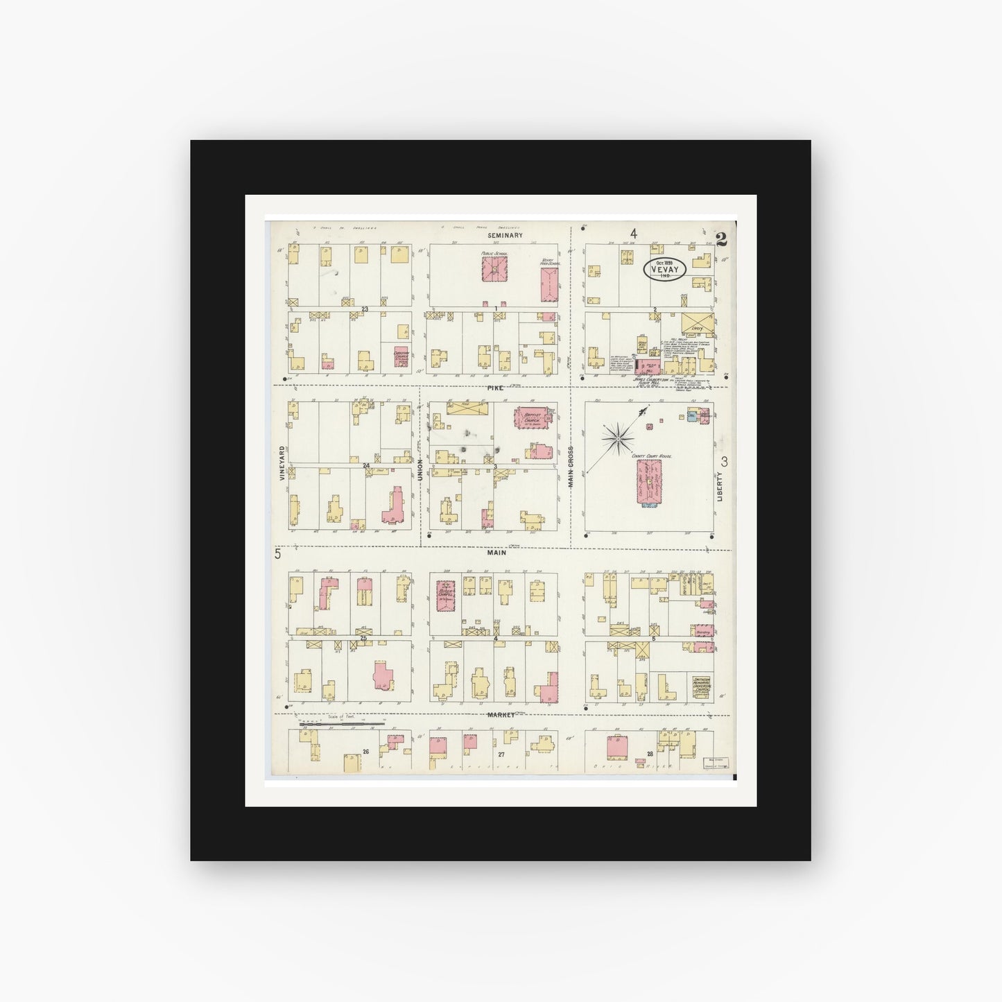 Old map wall art mockup — black gallery frame with white mat — Sanborn Fire Insurance Map from Vevay, Switzerland County, Indiana (1899), Sheet #0002