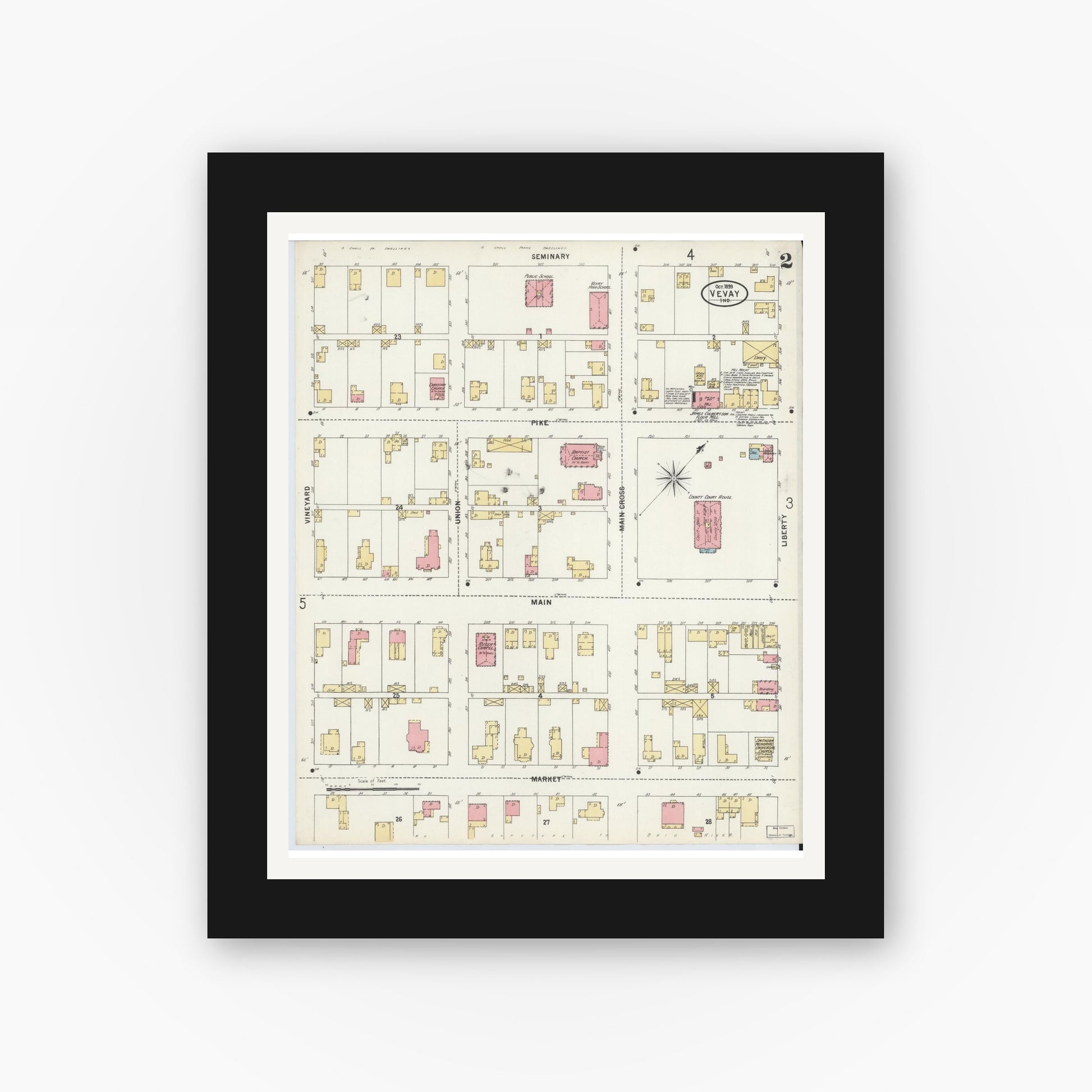 Old map wall art mockup — black gallery frame with white mat — Sanborn Fire Insurance Map from Vevay, Switzerland County, Indiana (1899), Sheet #0002