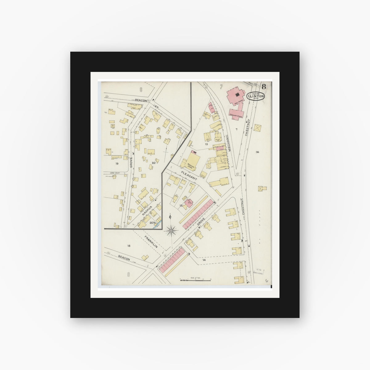 Old map wall art mockup — black gallery frame with white mat — Sanborn Fire Insurance Map from Clinton, Worcester County, Massachusetts (1894), Sheet #0008