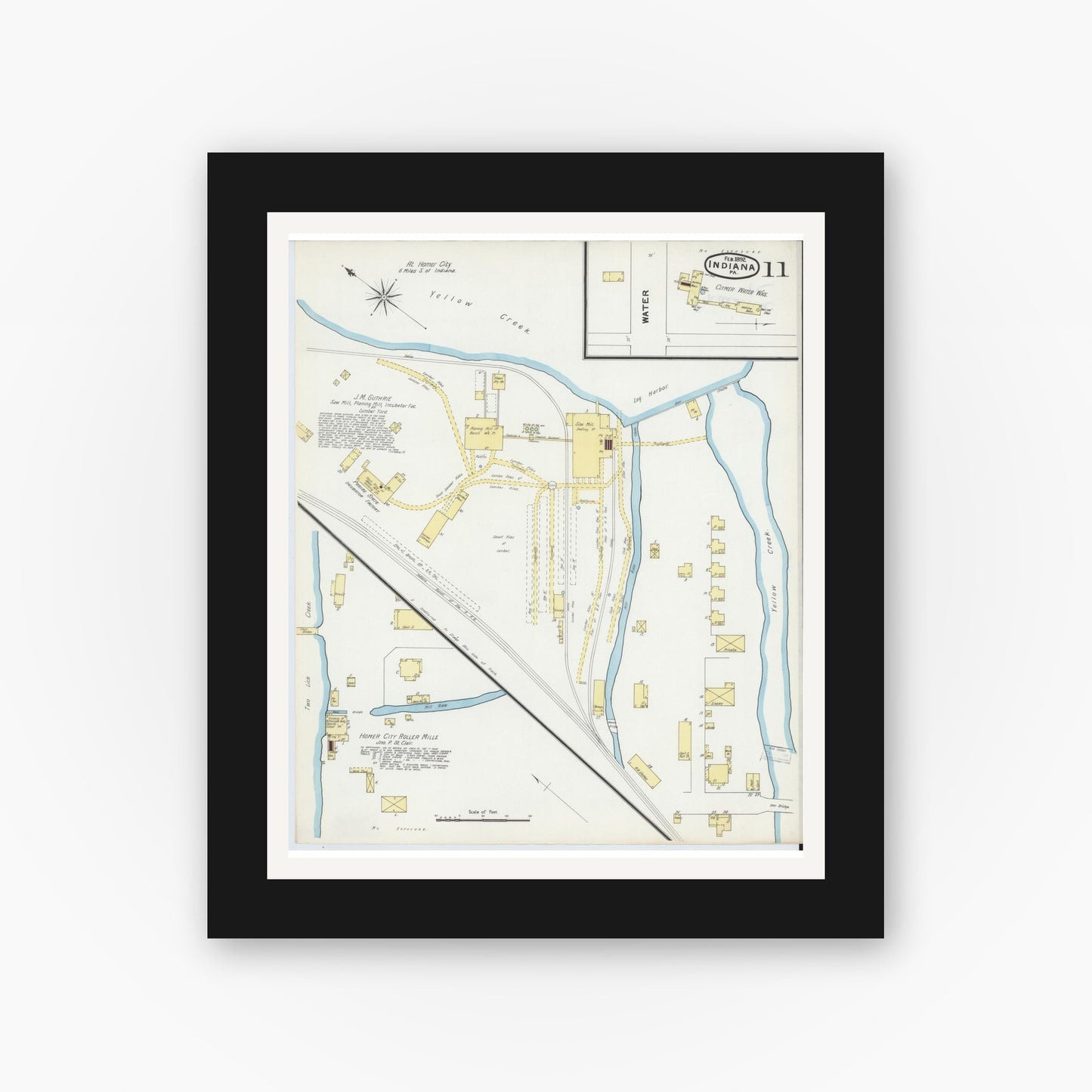 Old map wall art mockup — black gallery frame with white mat — Sanborn Fire Insurance Map from Indiana, Indiana County, Pennsylvania (1892), Sheet #0011