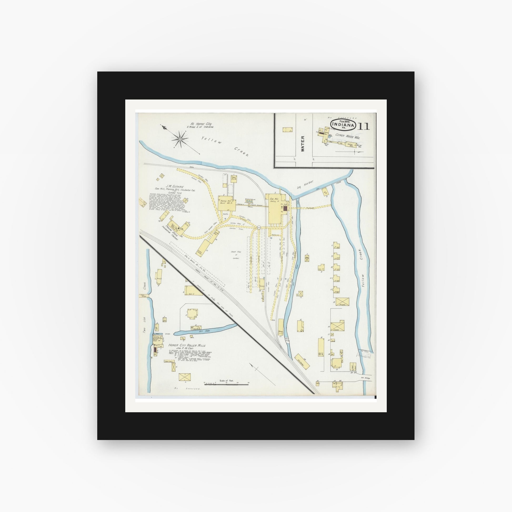 Old map wall art mockup — black gallery frame with white mat — Sanborn Fire Insurance Map from Indiana, Indiana County, Pennsylvania (1892), Sheet #0011