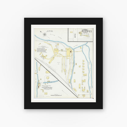 Old map wall art mockup — black gallery frame with white mat — Sanborn Fire Insurance Map from Indiana, Indiana County, Pennsylvania (1892), Sheet #0011