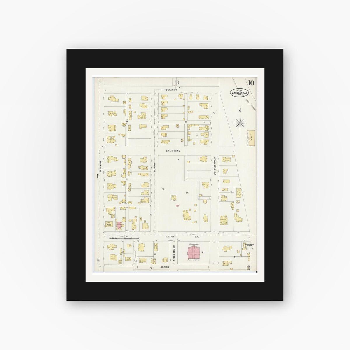 Old map wall art mockup — black gallery frame with white mat — Sanborn Fire Insurance Map from Gainesville, Cooke County, Texas (1897), Sheet #0010