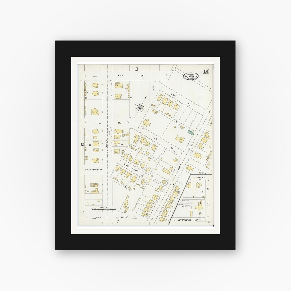 Old map wall art mockup — black gallery frame with white mat — Sanborn Fire Insurance Map from Texarkana, Bowie County, Texas (1905), Sheet #0014