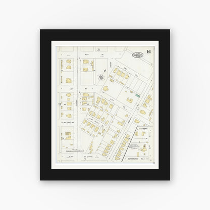 Old map wall art mockup — black gallery frame with white mat — Sanborn Fire Insurance Map from Texarkana, Bowie County, Texas (1905), Sheet #0014