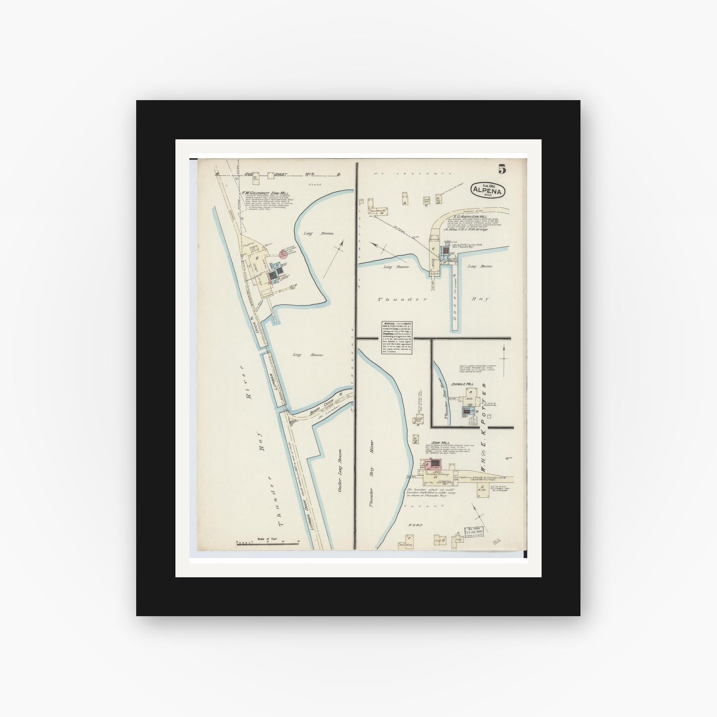 Old map wall art mockup — black gallery frame with white mat — Sanborn Fire Insurance Map from Alpena, Alpena County, Michigan (1884), Sheet #0005
