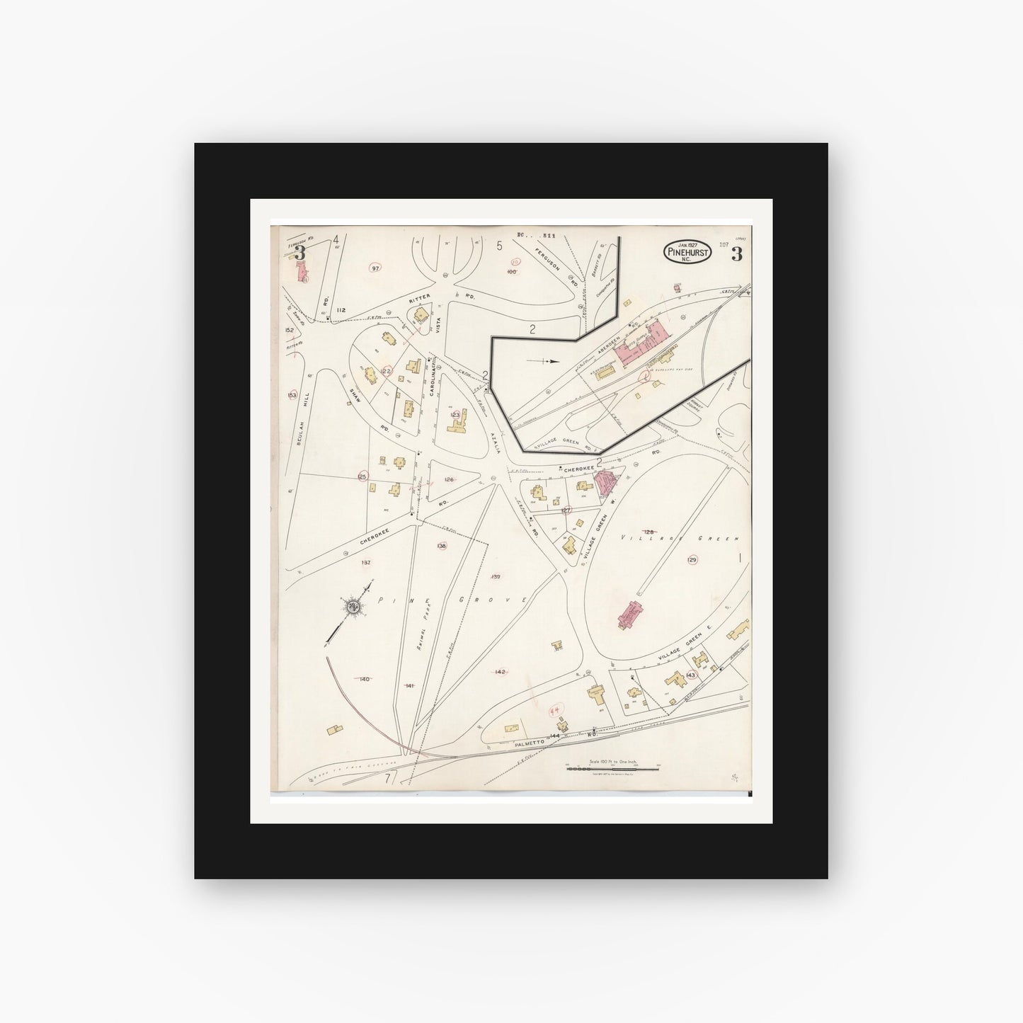 Old map wall art mockup — black gallery frame with white mat — Sanborn Fire Insurance Map from Pinehurst, Moore County, North Carolina (1939), Sheet #0003
