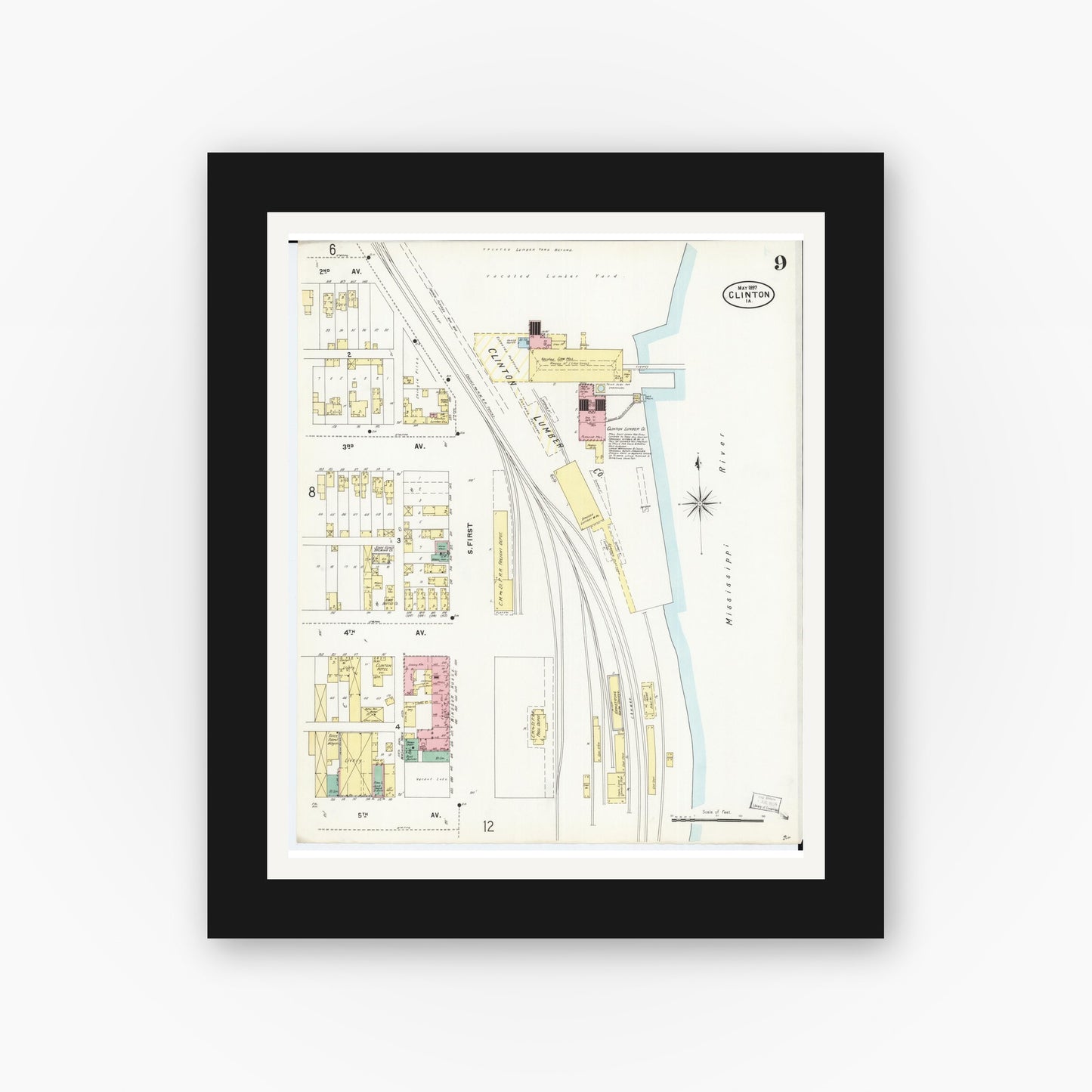 Old map wall art mockup — black gallery frame with white mat — Sanborn Fire Insurance Map from Clinton, Clinton County, Iowa (1897), Sheet #0009
