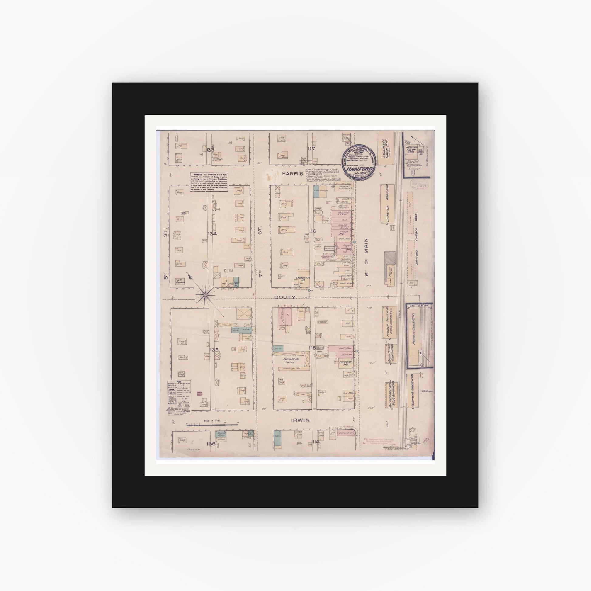Old map wall art mockup — black gallery frame with white mat — Sanborn Fire Insurance Map from Hanford, Kings County, California (1885), Sheet #0001