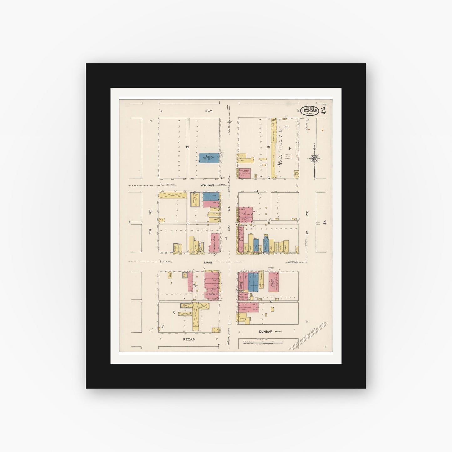 Old map wall art mockup — black gallery frame with white mat — Sanborn Fire Insurance Map from Texhoma, Texas County, Oklahoma and Sherman County, Texas, Texas (1922), Sheet #0002