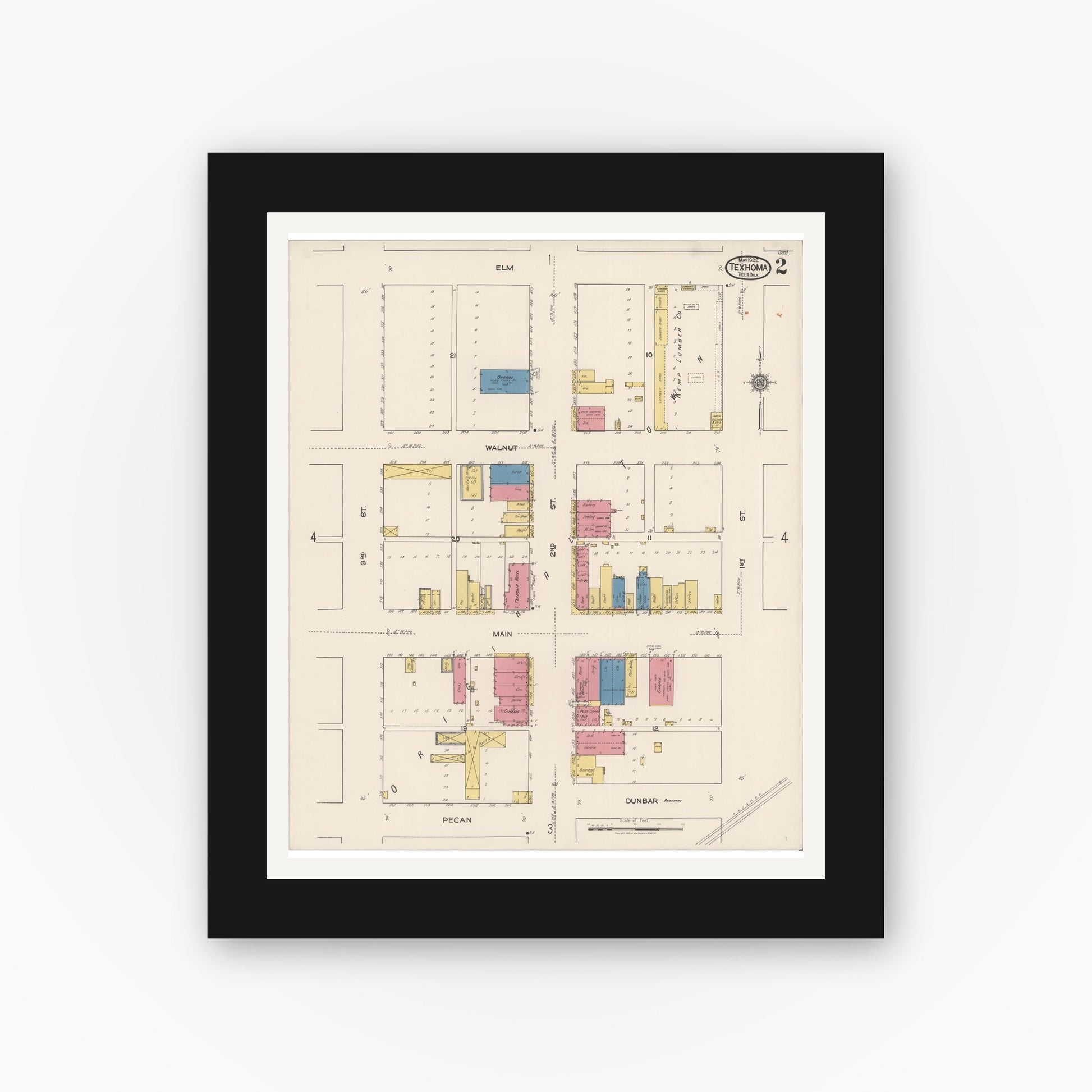 Old map wall art mockup — black gallery frame with white mat — Sanborn Fire Insurance Map from Texhoma, Texas County, Oklahoma and Sherman County, Texas, Texas (1922), Sheet #0002
