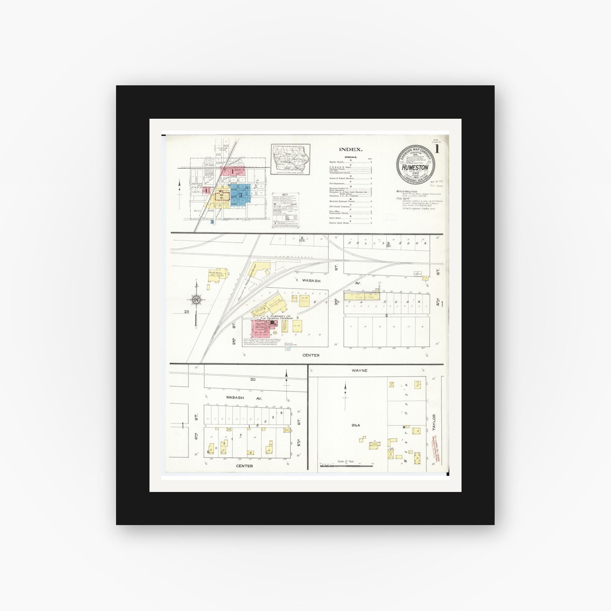 Old map wall art mockup — black gallery frame with white mat — Sanborn Fire Insurance Map from Humeston, Wayne County, Iowa (1913), Sheet #0001