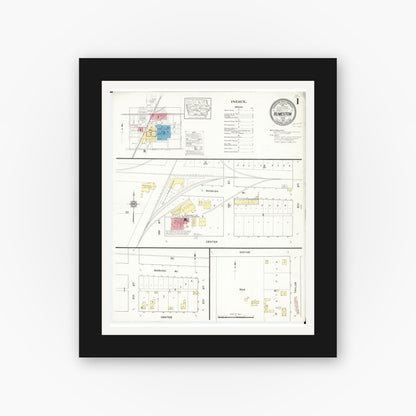 Old map wall art mockup — black gallery frame with white mat — Sanborn Fire Insurance Map from Humeston, Wayne County, Iowa (1913), Sheet #0001